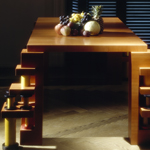 <p><strong><a href=ettore-sottsass.html class=link-lightbox>Ettore Sottsass</a></strong><br />Bharata</p><p><strong>4 Gopuram</strong><br />Table in pear wood.<br />228 x 124 x h. 74 cm. </p>